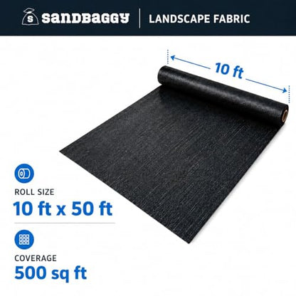 Sandbaggy 10 ft x 50 ft Landscape Fabric, Extra Wide Heavy Duty Weed Barrier Fabric, Woven Polypropylene Ground Cover for Garden Beds, Rows, Pathways, Mulch and Gravel (1 Roll - 10 ft x 50 ft) - size: 1 Roll - 10 ft x 50 ft