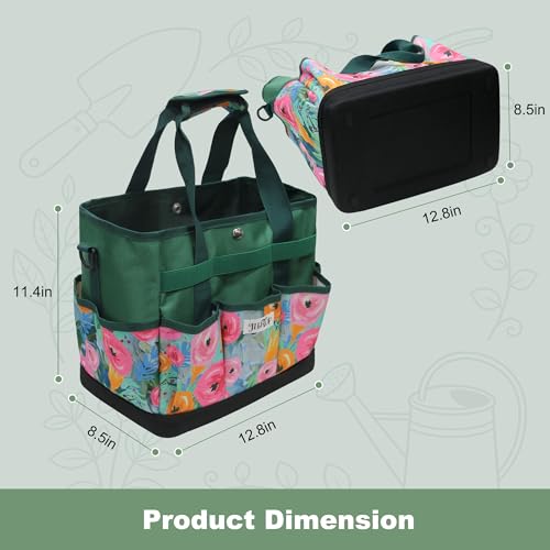 Hard Bottom Floral Garden Tool Tote Bag with Shoulder Strap - color: Green Floral