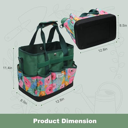 Hard Bottom Floral Garden Tool Tote Bag with Shoulder Strap - color: Green Floral