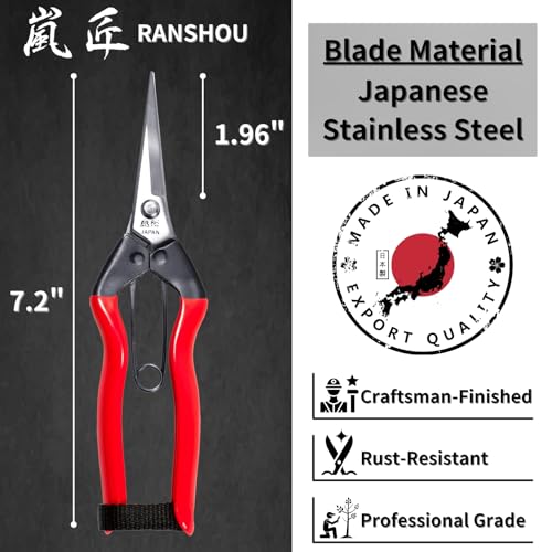 Japanese Garden Shears 7.2" for Plants - Trimming Scissors Precision Pruning Shears with Pointed Tips - Sharp Japanese Stainless Steel Blade & Spring Loaded Handle - Made in Japan - style: Trimming
