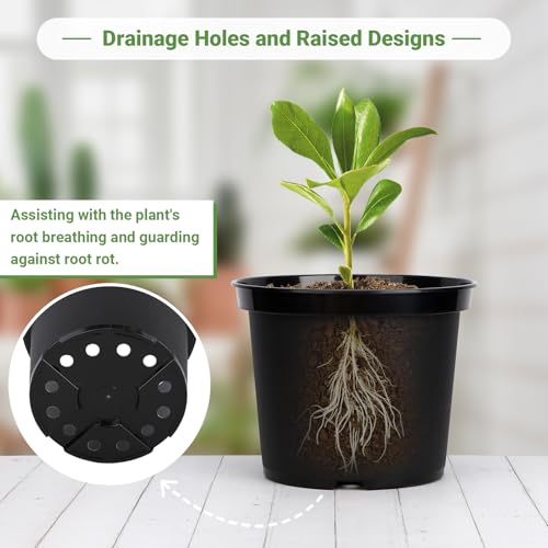 GREANER Plant Nursery Pots, 10 Inch Round Sturdy Garden Pots for Outdoor Indoor Plants, Plastic Black Seed Starting Container for Succulents, Seedlings(10PCS) - size: 10 Inch