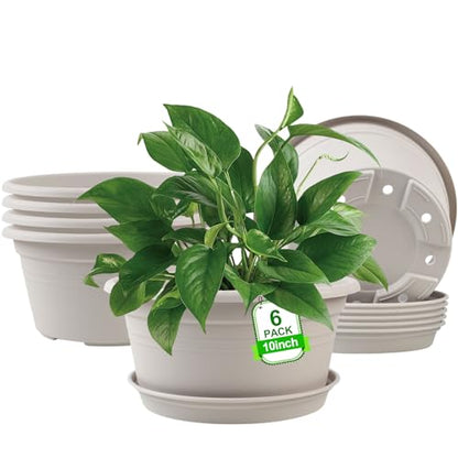 6 Pack 10 inch Plant Pot, Shallow Planters with Drainage Hole & Tray Saucer - color: Gray White, size: 10 Inch - 6Pack