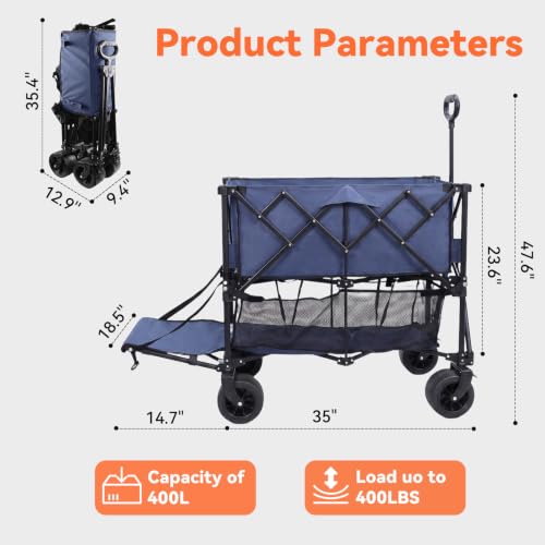 700L Large Capacity Blue Double Decker Wagon Collapsible Wagon with Tailgate 55'' Extra Long, Foldable 600lbs Heavy Duty Beach Cart with All-Terrain Big Wheels, Sports,Outdoor,Shoping Cart - color: Blue