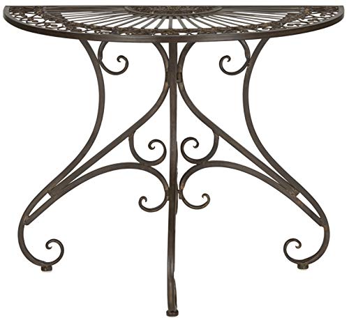 SAFAVIEH Outdoor - Annalise Half-Moon Accent Table - Rustic Brown Iron Metal - Vintage Baroque Scrollwork - Ideal for Patio, Deck, Porch, Garden, 35.5" W x 18.5" D x 29" H (PAT5008B) - color: Rustic Brown