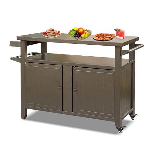 Metal Outdoor Storage Box and Grill Prep Cart with Wheels, 83 Gallon Deck Box for Patio Organization and BBQ Tool Storage, Lockable Cabinet for Garden Supplies, Brown, 51.67 x 20.31 x 35.51 Inches - color: Brown - 51.67 X 20.31 X 35.51 Inch