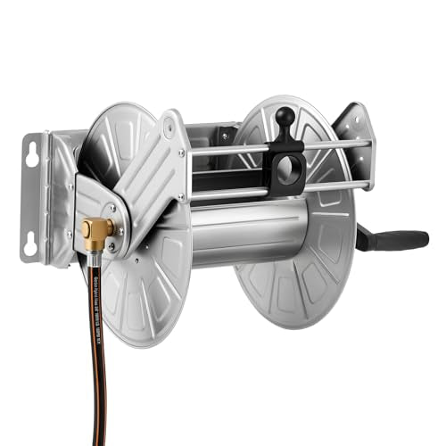 VEVOR Wall Mounted Garden Hose Reel Holds 150 ft 5/8-inch Water Hose Winder - color: Silver, size: 150ft, 5/8-inch, Wall Mounted