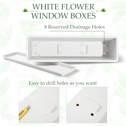 FillTouch 6 Pack Window Flower Box Planter White Rectangle Planter, 27 Inch - size: 27 Inch
