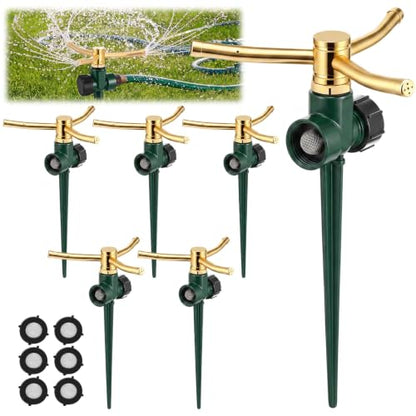 6 Pack Metal Lawn Sprinklers for Yard with Brass Nozzle & Aluminum Alloy Spike Base, Adjustable Automatic Garden Water Sprinkler System with Screen Gasket for Yard Lawn Greenhouse(Green) - color: Green