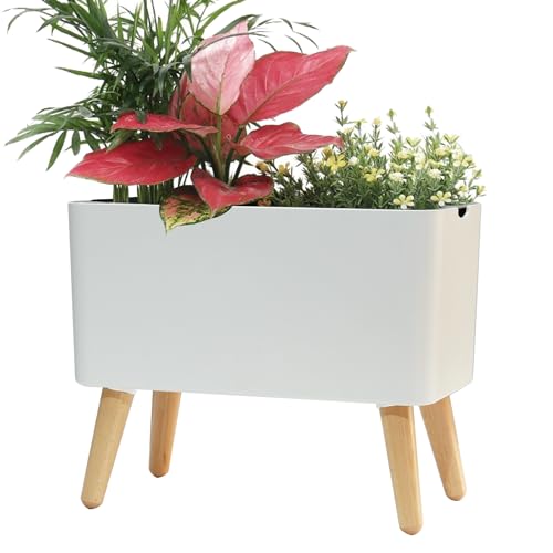 13.5 Inch Indoor Decorative Planter Pot with Solid Wood Legs, Self Watering Pots with Water Shortage Alarm Plant Pot for Modern Flower Planter for Home & Garden(White) - color: B-white