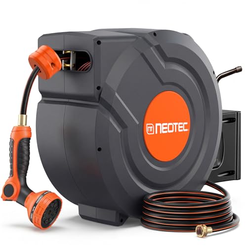 Upgraded Retractable Garden Hose Reel 1/2 inch x 155 ft Metal Bracket Wall-Mounted Any Length Lock 9 Pattern Nozzle Automatic Slow Return 180° Swivel UV Resistant Heavy Duty Hose Reels for Outside