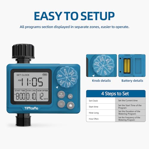 TiFFCOFiO Sprinkler Timer Outdoor, Digital Programmable for Garden Hose, Irrigrtion Timer with Rain Delay and Manual Mode - size: Standard, 1 Pack