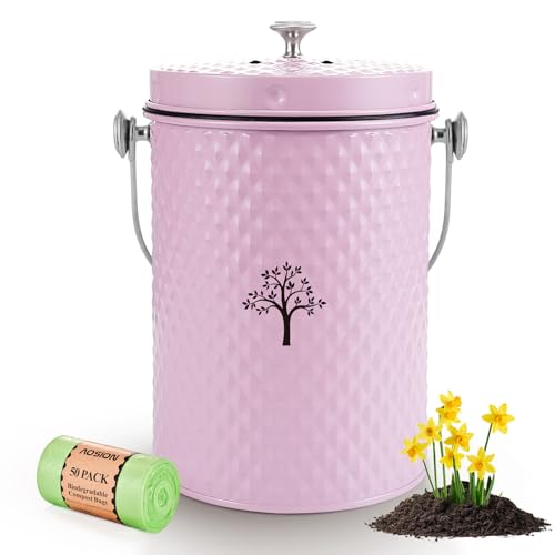 AOSION Countertop Compost Bin, Odor-Free Food Waste Container with 50 Bags - color: Pink