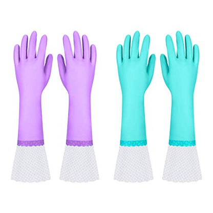 Elgood Reusable Long Dishwashing Cleaning Gloves with Latex Free, Long Cuff,Cotton Lining,Kitchen Gloves 2 Pairs,Purple+Blue Medium - color: Long Cuff-purple+blue, size: Medium (Pack of 2)