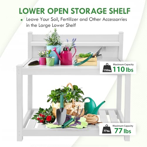 EAGLE PEAK Potting Bench, Weatherproof Vinyl Potting Table for Outdoor & Indoor Use, Easy Clean Garden Workstation with Storage Shelves, White, 40"