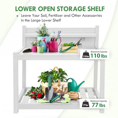 EAGLE PEAK Potting Bench, Weatherproof Vinyl Potting Table for Outdoor & Indoor Use, Easy Clean Garden Workstation with Storage Shelves, White, 40"