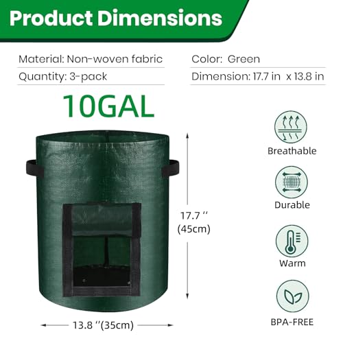 10 Gallon 3-Pack Potato Grow Bags, Heavy Duty PE Fabric Pots with Flap and Handles, Green Planter Bags for Potato Vegetables Outdoor Garden, 17.7''x13.8'' Large for All Plants Growing - size: Green-3 Pack