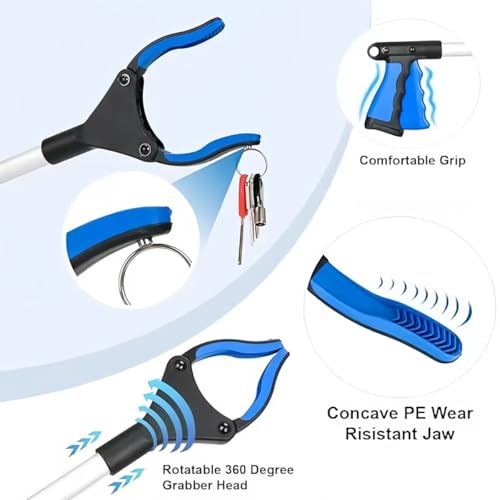43" Grabber Reacher Tool, Foldable Reacher Grabber Pickup Tool with 360° Rotating Jaw & Magnets, Extra Long Trash Picker Upper Grabber, Lightweight Grabbers for Seniors (Blue)