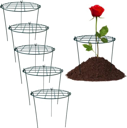 5 Pack 12 x 16 inch Poeny Cage Grow Through Grid Plant Brace Flower Support Rings,Round Metal Plant Stakes Rings, Strong Large Garden Supports for Flowers, Peonies, Rose, Lily - size: 12"x16" Pack of 5