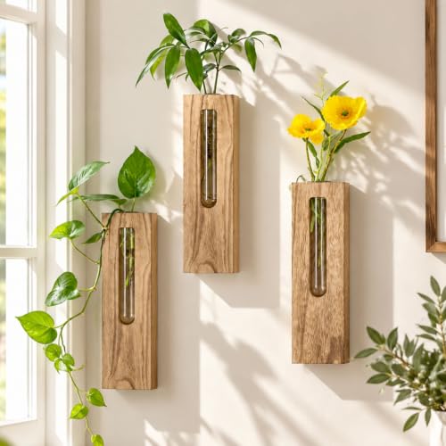Wood Wall Vase with Glass Tube for Plant Propagation - color: Natural
