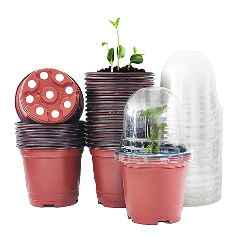 RooTrimmer Plant Nursery Pots with Humidity Domes, 25 Sets 4 Inch Soft Nursery Pots Quality Ones (25 Red Pots + 25 Clear Lids), Seeds Starter Pots Small Planter Containers - color: Red Pots With Domes-25p, size: 4Inch