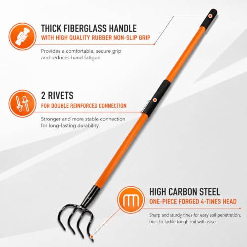 VNIMTI Cultivator for Gardening, 4 Tines Garden Cultivator with Fiberglass Handle, 58 Inches (Pack of 2) - size: 58 inches x 4.9 inches x 6.3 inches (Pack of 2)