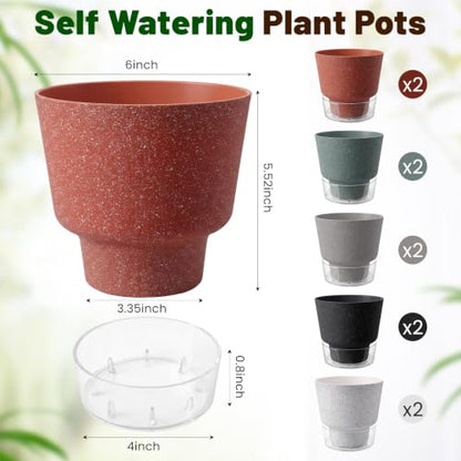 10 Pack Self Watering Plant Pots 6 Inch Plastic Planters with Drainage Holes and Water Level Window Indoor Outdoor Flower Pots with Reservoir for Succulents Herbs Orchids and House Plants