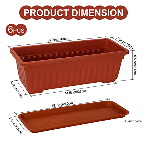 Window Box Planter, 6 Pcs 17" Flower Rectangle Planter with Tray, Brick Red - color: Brick Red