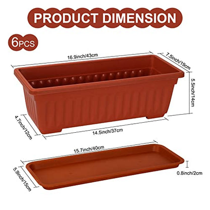Window Box Planter, 6 Pcs 17" Flower Rectangle Planter with Tray, Brick Red - color: Brick Red