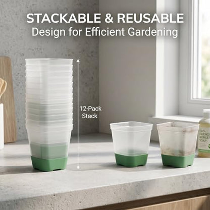 12 Pack 3.2 Inch Square Nursery Pots - Clear Seed Starter Pots, Reusable Seedling Pots with Silicone Base - Clear Plastic