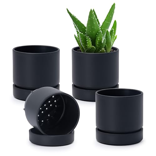 Phoenix Vine 4 Inch Planter Pot with Drainage Hole & Saucer, Deep Water Catch Tray, Straight Cylindrical Round Pot for Plants, Matte Black, Pack of 4, 23-C-R-4 - color: Matte Black, size: 4" (4 Pack)
