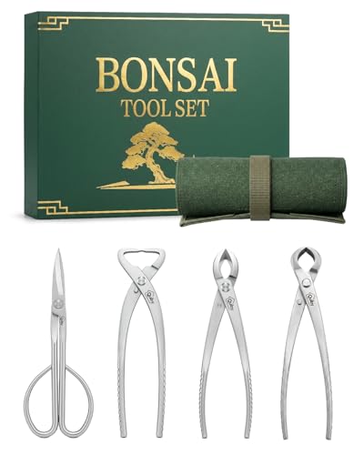 Bonsai Tool Kit 4PCS with Tool Roll Bag & Luxury Gift Box, Bonsai Tools Set