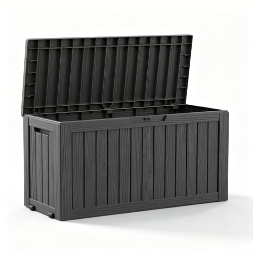 90 Gallon Outdoor Storage Box, Resin Deck Boxes Waterproof, Indoor Outdoor Bin for Package Delivery, Patio Cushions, Gardening Tools, Lockable, UV Resistant - color: Black, size: 90 Gallon