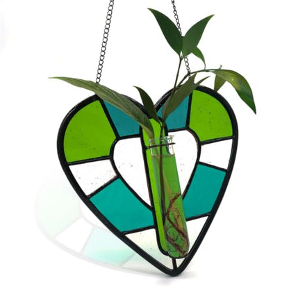 Stained Glass Plant Propagation Station, Handmade Suncatchers Window Hanging Decor, Hanging Hydroponic Planter Terrarium with 2 Glass Tubes for Mother's Day Home & Garden Decor, Green, Indoor Outdoor