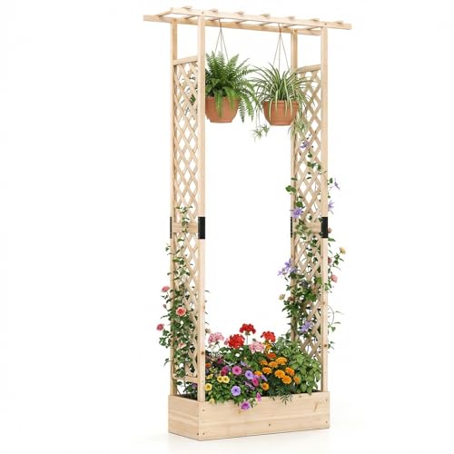 Giantex Wooden Raised Garden Bed with Trellis & Hanging Roof, Fir Wood Planter Box, 89” Freestanding Elevated Garden Bed for Outdoor Climbing Plants Vegetables Flowers, Patio & Balcony, Natural - color: Natural, size: 43”x14”x89”