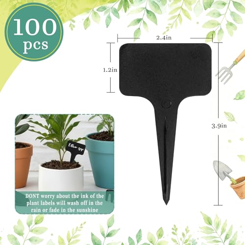 Whaline 100 Pcs Plastic Plant Labels Black T-Type Garden Stake Tags Waterproof Plant Markers Reusable Plants Signs for Outdoor Indoor Nursery Potted Plants Seed with A White Marker Pen (6 x 10 cm) - color: Black