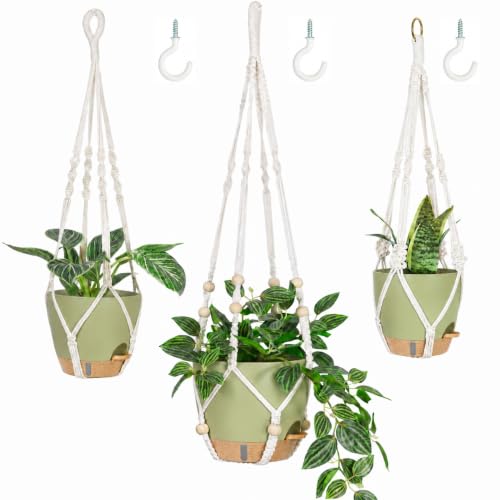 Bouqlife 3 Pack Hanging Planters for Indoor Plants Macrame Plant Hangers with Self Watering Flower Pots, 3 Different Size (Sage Green, Medium) - color: Sage Green, size: Medium