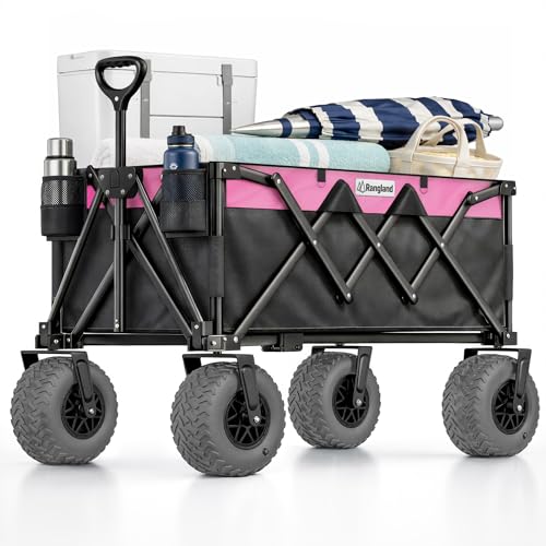 Beach Wagon with Heavy-Duty 10" Air Tires - All Terrain Folding Cart with Big Wheels for Sand and Gravel - 300 LB. Capacity (Black/Pink) - color: Pink
