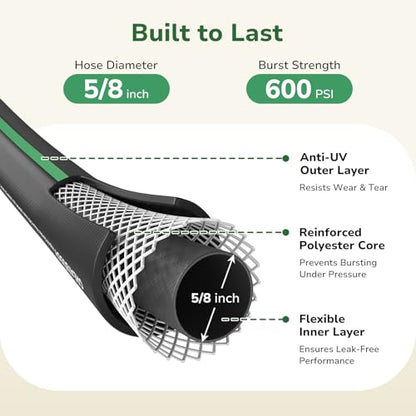 GreatBuddy 100 ft Garden Hose, Flexible Rubber Water Hose 5/8" - size: 100ft
