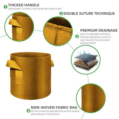 5-Pack 3 Gallon Grow Bags Heavy Duty Thickened Nonwoven Fabric Pots with Handles, Plant Grow Bags for Vegetables/Flower/Plant/Fruits, Brown - color: Brown, size: 3 Gallon