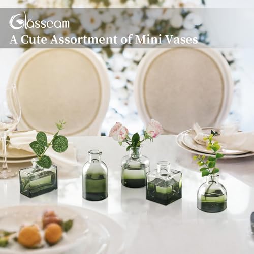 Glasseam Small Vases for Flowers, Green Mini Glass Bud Vases Set of 5 - color: Green, size: 5Pcs- Mini Vases