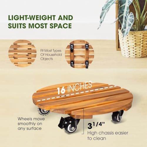 Idzo 16inches Capacity 500lbs Wood Plant Caddy With Wheels Heavy Duty, Acacia Hardwood Plant Dolly, Plant Stand with 360° Lockable Wheels for Plant Pots, Heavy Objects Hauling - Natural Wood - color: Round Wood Natural, size: 16 Inch