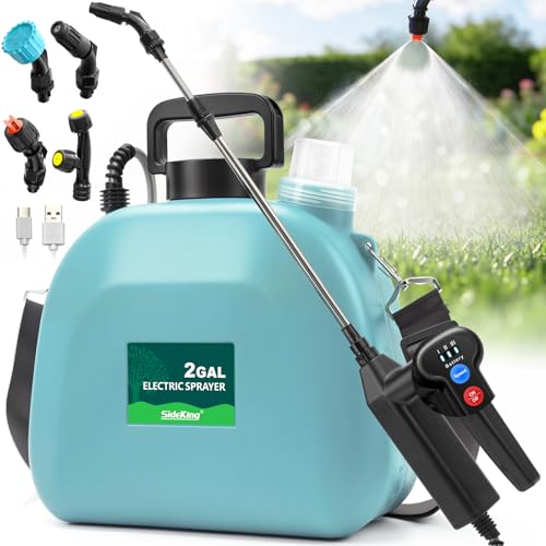 SideKing Battery Powered Sprayer 2 Gallon, Electric Weed Sprayer with 3 Adjustable Spray Pressures, Battery Indicator, Telescopic Wand and 4 Nozzles, for Garden, Lawn, Yard & Plants Care - color: Blue, size: 2 Gallon