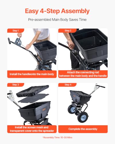 VEVOR Broadcast Spreader 100 lbs Capacity Walk-Behind Push Spreader Black | For Lawn Garden, 0-9.8 ft Spreading Width, 13 in All Terrain Pneumatic Tires, Hopper Grate for Seed Fertilizer Salt Ice Melt