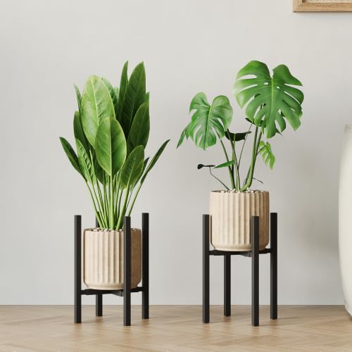 Adjustable Metal Plant Stand Indoor, Fits 9-15 Inch Pots, Mid Century Modern Planter Holder,2 Heights, Heavy Duty 160 lb, Indoor Outdoor Corner Floor Pot Stand, Black with Round Plate 2 Pack (black-a 2 pack) - color: black-a 2 pack