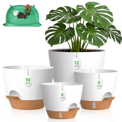 Large Self Watering Pots for Indoor Plants, 12/10/9/8 Inch White