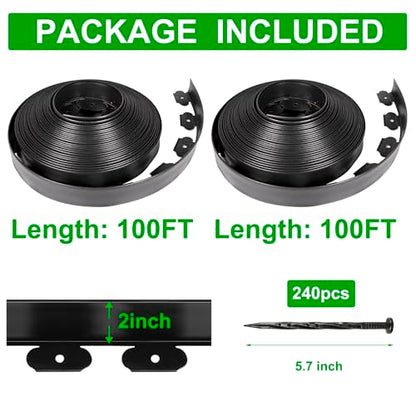JERIA 2 Inch Tall 200 FT Garden Edging Kit with 240pcs Spikes, Plastic Edging for Landscaping - size: 2IN x 200FT