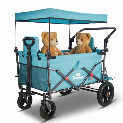 TMZ Collapsible Wagon with 2 Foldable Seats, Folding Cart with Removable Canopy, Heavy Duty Wagon 265LBS Load Capacity for Camping Garden Shopping (Turquoise) - color: Turquoise