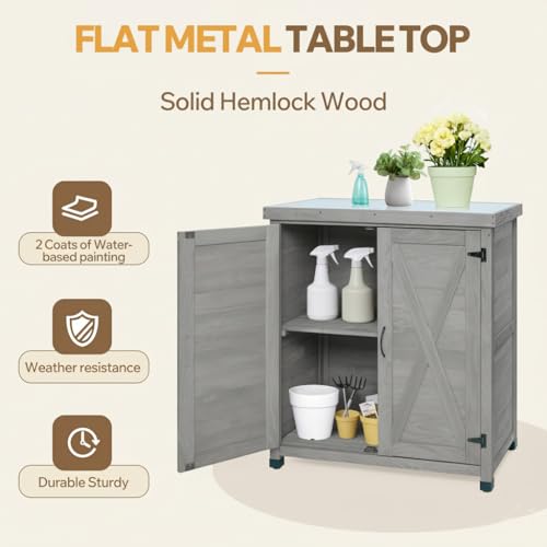 Wood Outdoor Storage Cabinet Potting Bench with Metal Top - color: Gray-B