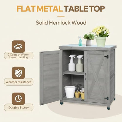 Wood Outdoor Storage Cabinet Potting Bench with Metal Top - color: Gray-B