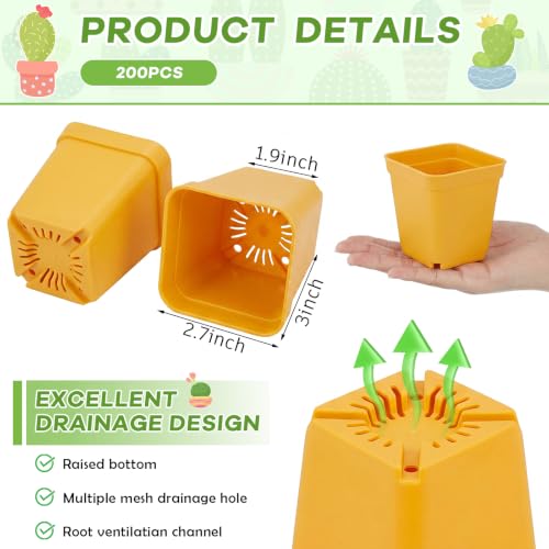 Yaomiao 200 Pack 3 Inch Yellow Nursery Pot Square Flower Pots Plastic Plant Succulent Planter Seed Starting Pots with Drainage Holes for Garden Office Balcony Decor Indoor Outdoor Plant Seedling - color: Yellow